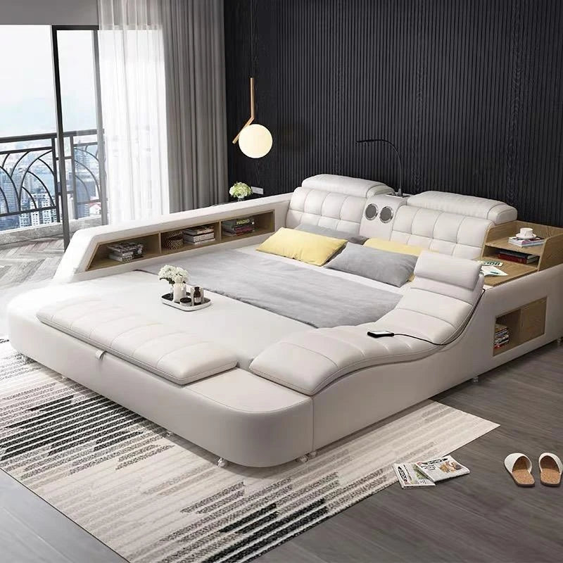 Genuine Leather Bed Frame Soft Beds Massager Storage Safe Speaker