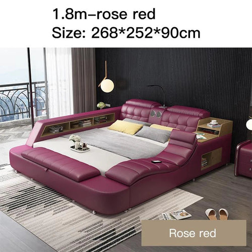 Genuine Leather Bed Frame Soft Beds Massager Storage Safe Speaker