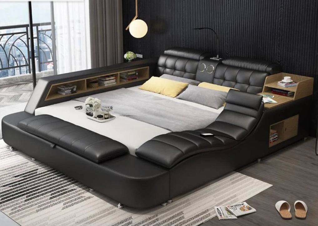 Genuine Leather Bed Frame Soft Beds Massager Storage Safe Speaker
