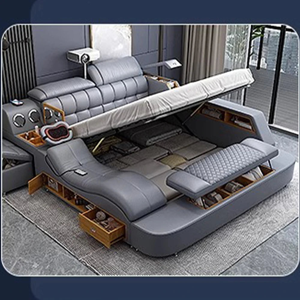 MANBAS Luxury King Size Genuine Leather Bed / Tech Smart Bed /
