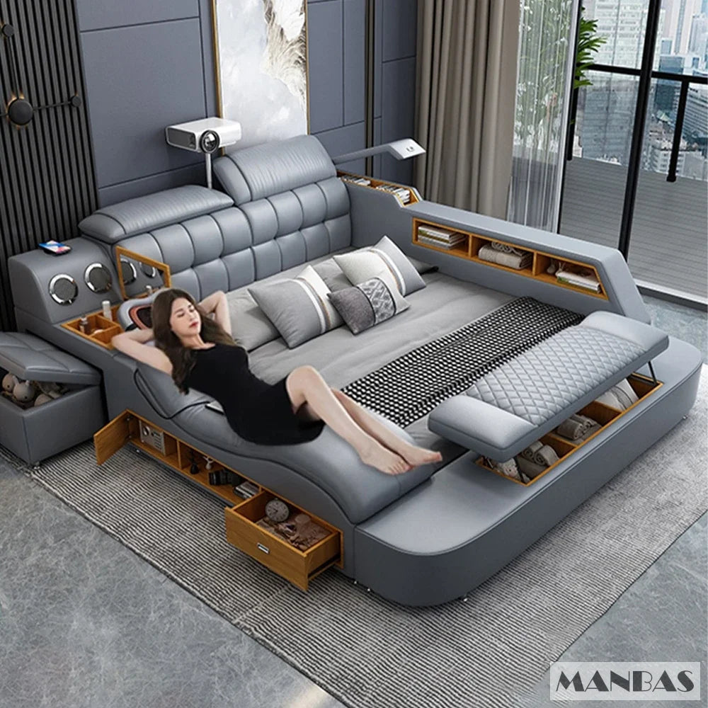 MANBAS Luxury King Size Genuine Leather Bed / Tech Smart Bed /