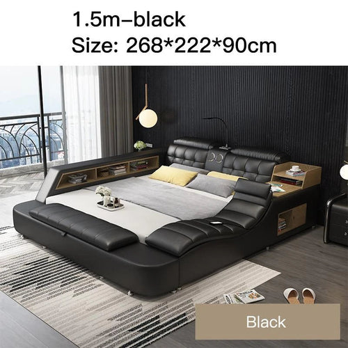 Genuine Leather Bed Frame Soft Beds Massager Storage Safe Speaker