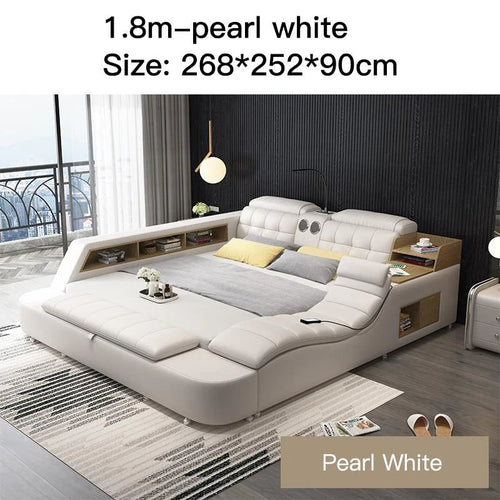 Genuine Leather Bed Frame Soft Beds Massager Storage Safe Speaker