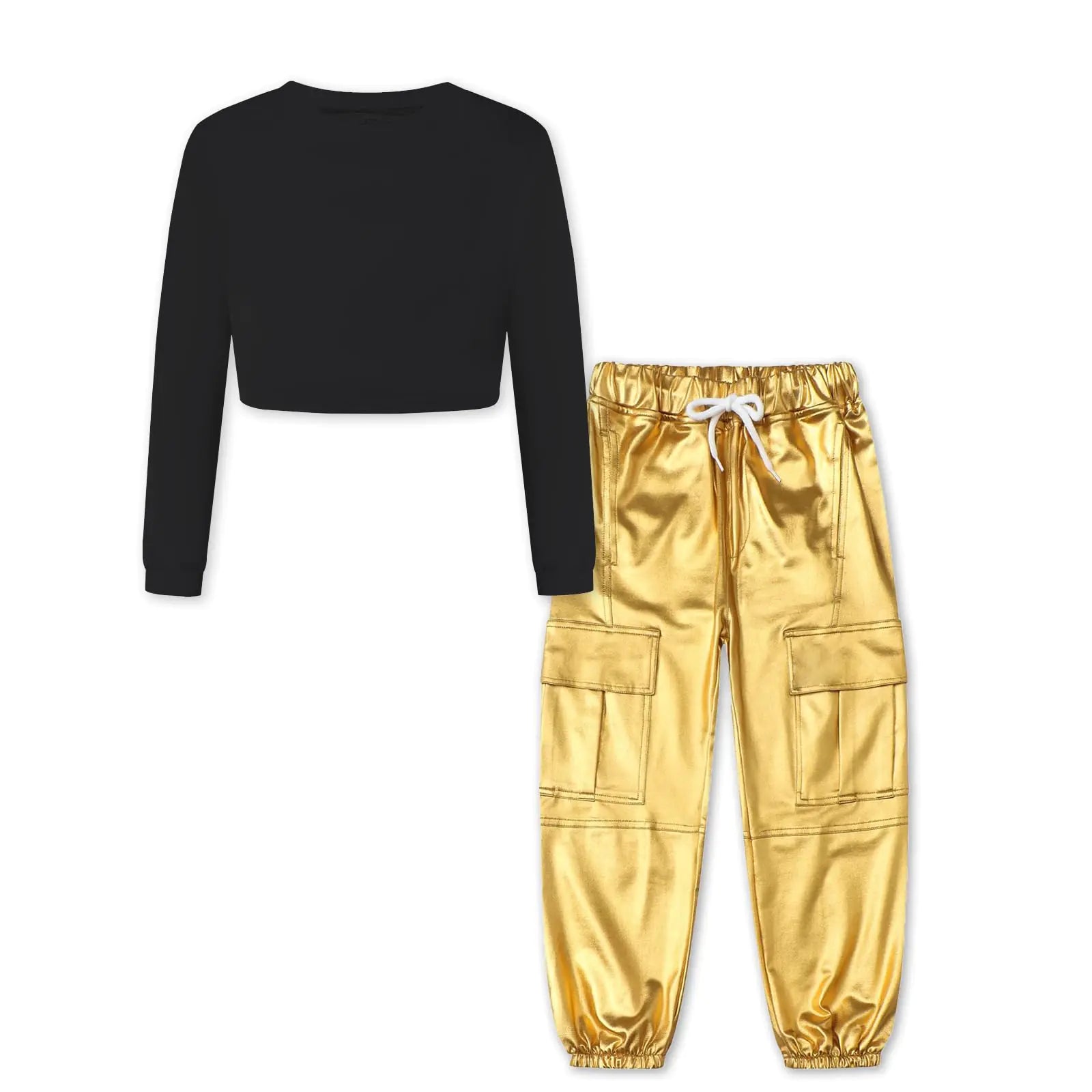 Betusline Cute Clothes for Teen Girls Long Sleeve Black Crop Tops Tee Shirts + Gold Jogger Pants Outfits 2pcs Clothes Set 7-8 Years = Tag 140