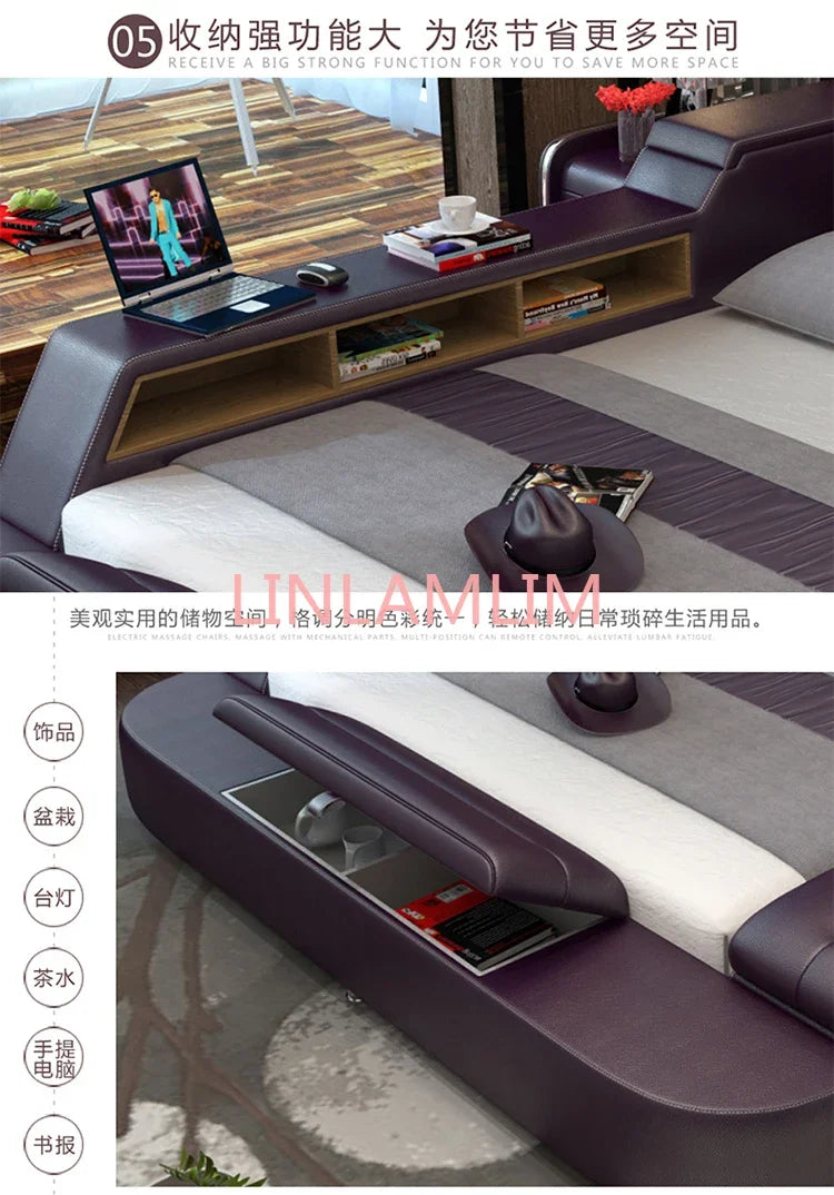 Genuine leather bed frame Soft Beds massager storage safe speaker LED