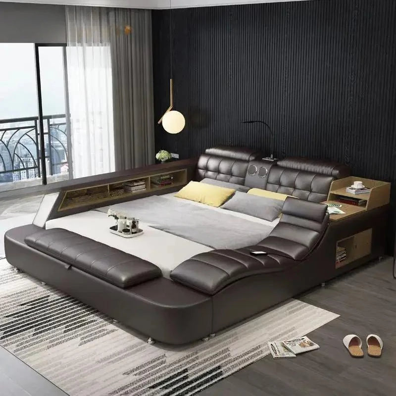 Genuine Leather Bed Frame Soft Beds Massager Storage Safe Speaker