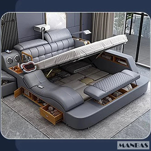 MANBAS Luxury King Size Genuine Leather Bed / Tech Smart Bed /