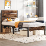 Twin size Modern Farmhouse Metal Platform Bed Frame with Brown Wood