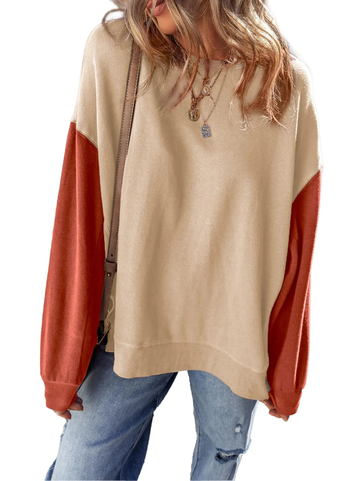SHEWIN Womens Sweatshirt Casual Long Sleeve Loose Pullover Tops Lightweight Color Block Sweatshirts Trendy Fall Clothes for Women 2024US 4-6(S)Khaki