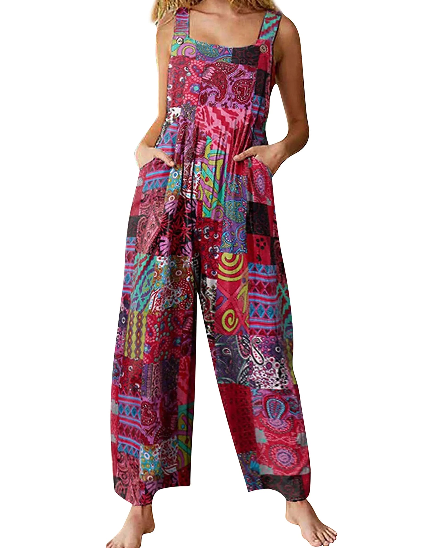 UANEO Overalls for Women Loose Fit Summer Wide Leg Jumpsuits Floral Boho Clothes (Red-XL)