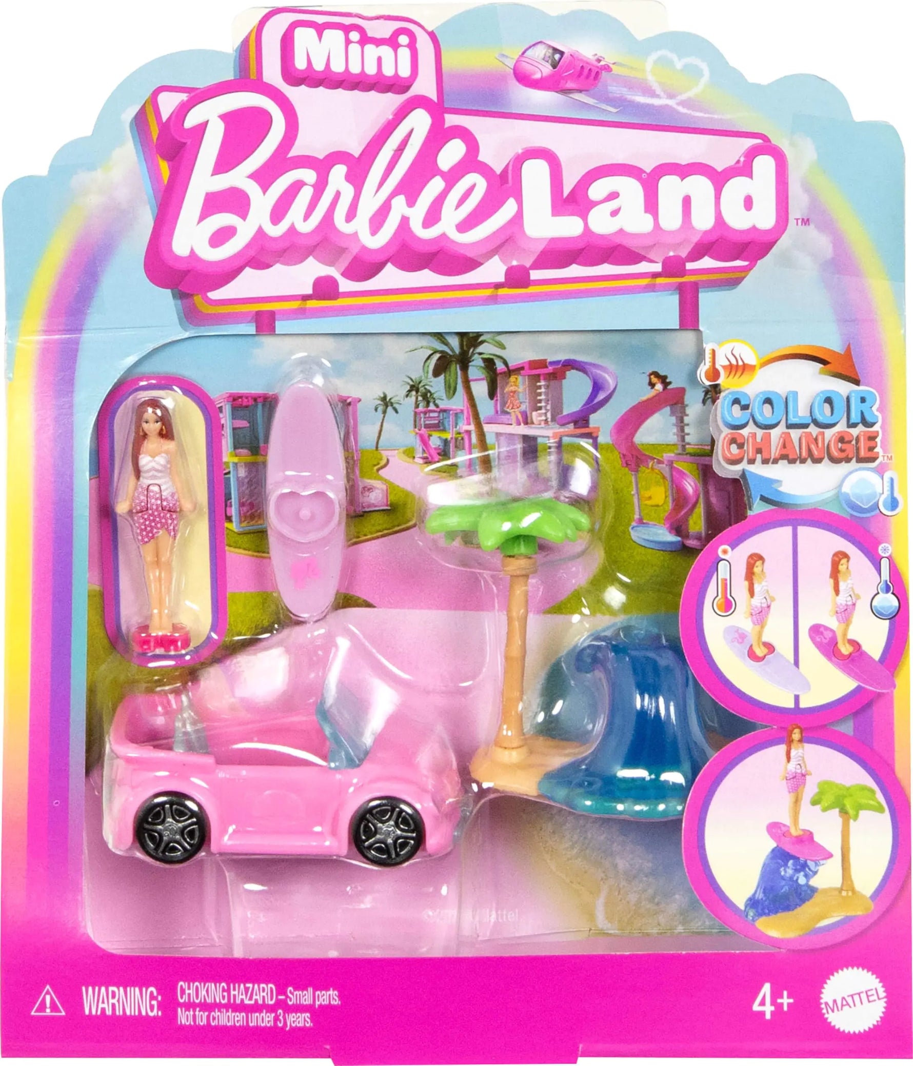 Barbie Mini BarbieLand Doll & Toy Vehicle Set 1.5-inch Barbie Doll & Beach Convertible with Color-Change Plus Beach Accessory