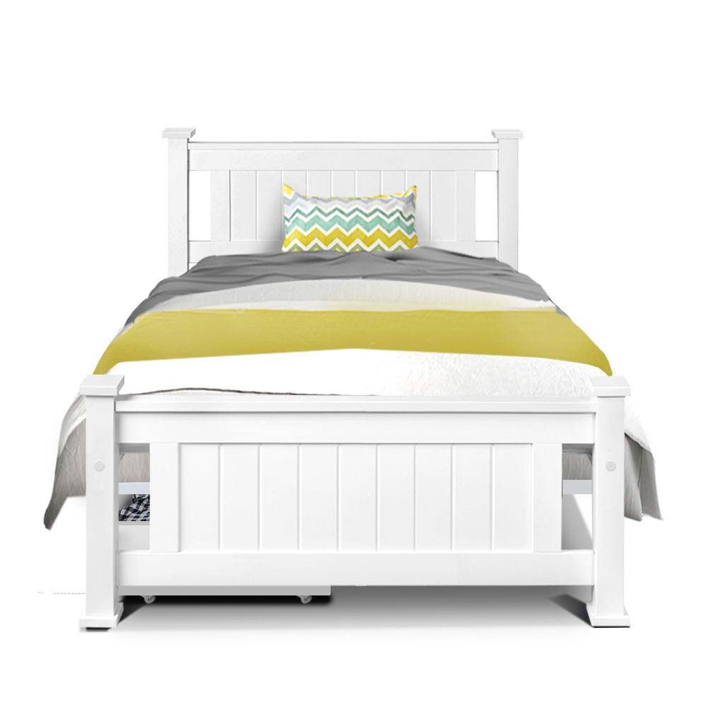 Artiss Bed Frame Single Size Wooden with 2 Drawers White RIO