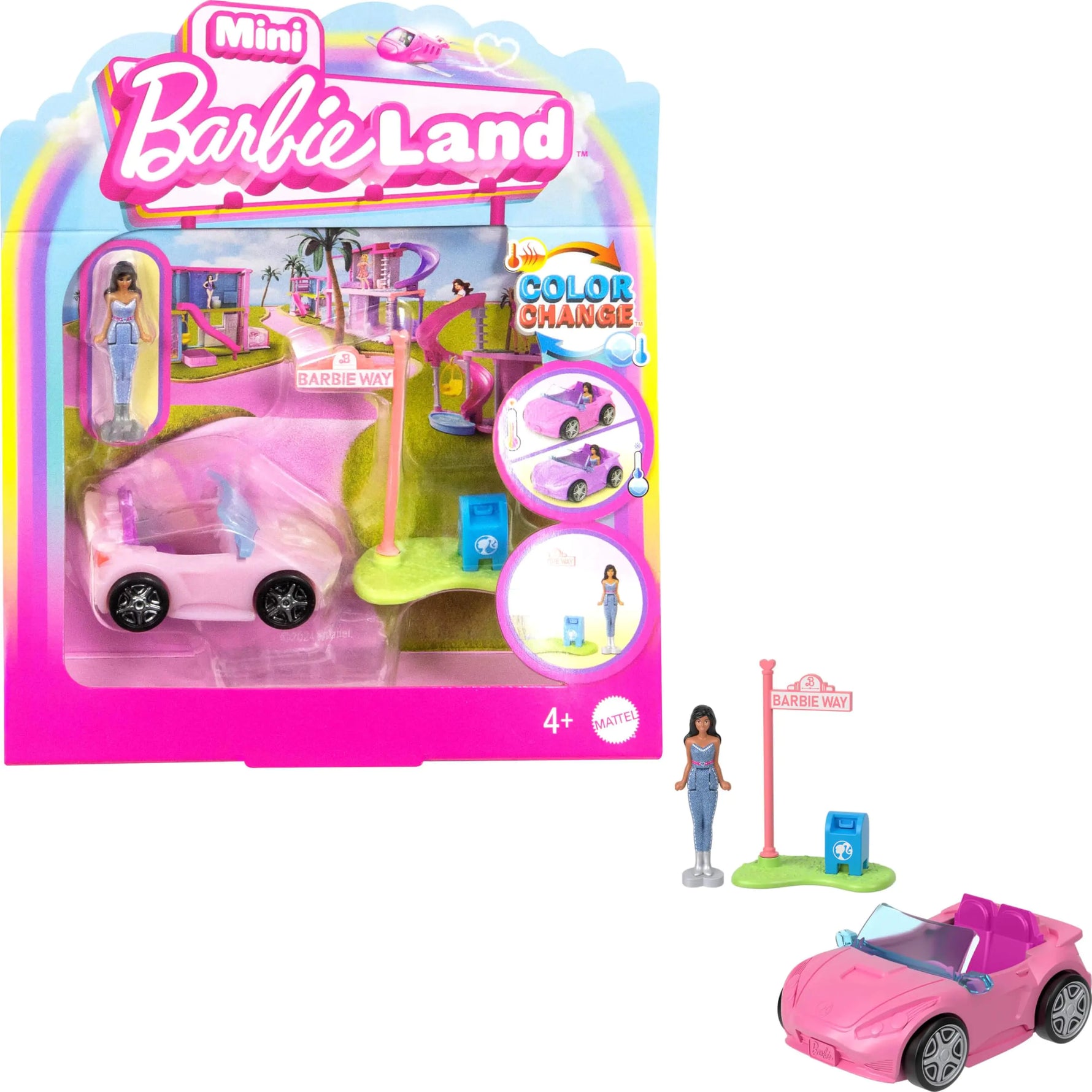 Barbie Mini BarbieLand Toy Vehicle Playset with 1.5-inch Doll & Convertible Car with Color-Change Surprise Plus Street Sign Accessory