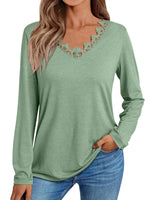 AUTOMET Long Sleeve Shirts for Women 2024 Fall Fashion Lace V Neck Loose Fit Casual Tops Trendy T Shirts Outfits Clothes LightGreen XXL