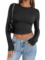 MIROMIHO Womens Long Sleeve Crop Tops Basic Slim Fitted Shirts Casual Fashion 2025 Y2k Tops Teen Girl Clothes Black