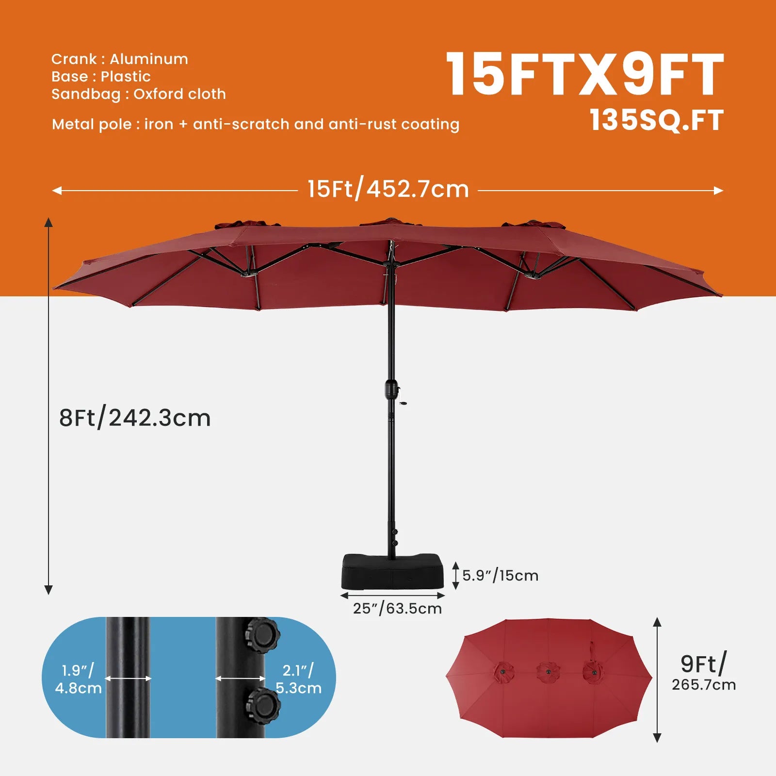 15ft Large Outdoor Patio Umbrella