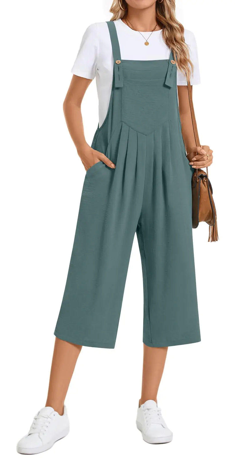 TAOHUADAO Womens Adjustable Jumpsuits Casual Wide Leg Overalls Summer Boho Sleeveless Loose Rompers with Pocket S Turquoise