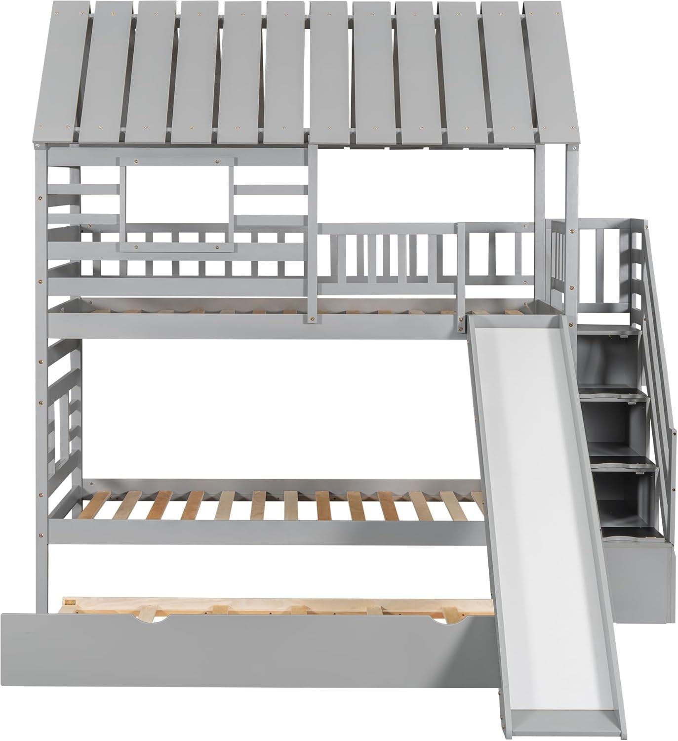 Twin Over Twin Bunk Bed With Slide For Kids Room Decor