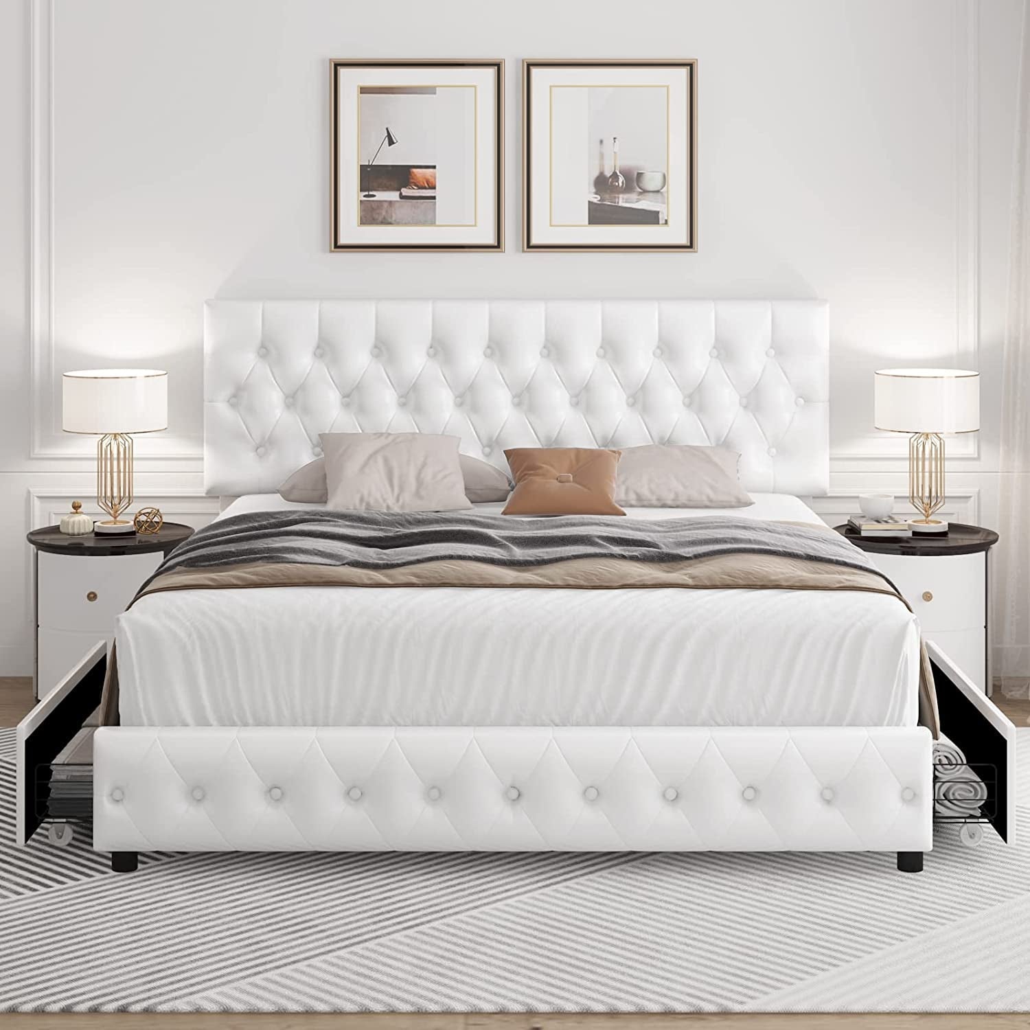 Queen Upholstered Bed Frame With Under Bed Drawers