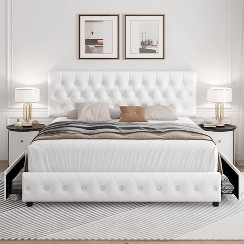 Queen Upholstered Bed Frame With Under Bed Drawers