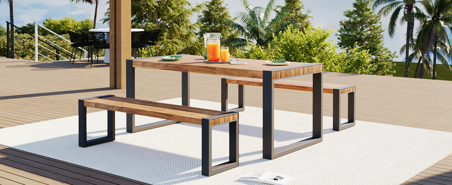 3-pieces Outdoor Dining Table With 2 Benches, Patio Dining Set With
