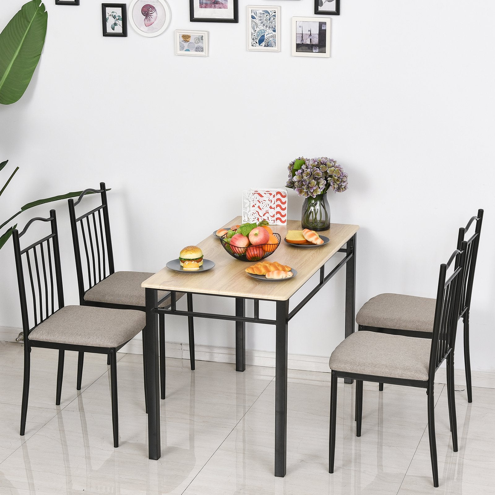 HOMCOM 5 Pieces Dining Set 1 Table 4 Chairs Cushion Seat Wood Color