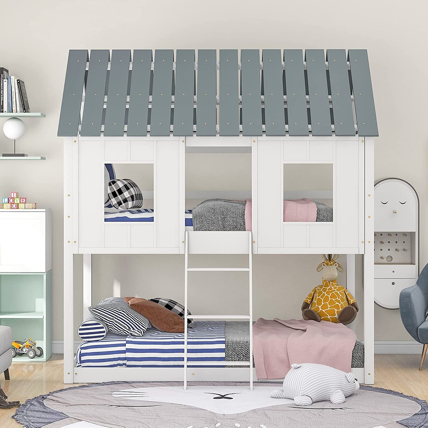 Twin House Bunk Bed With Playhouse White And Gray Finish