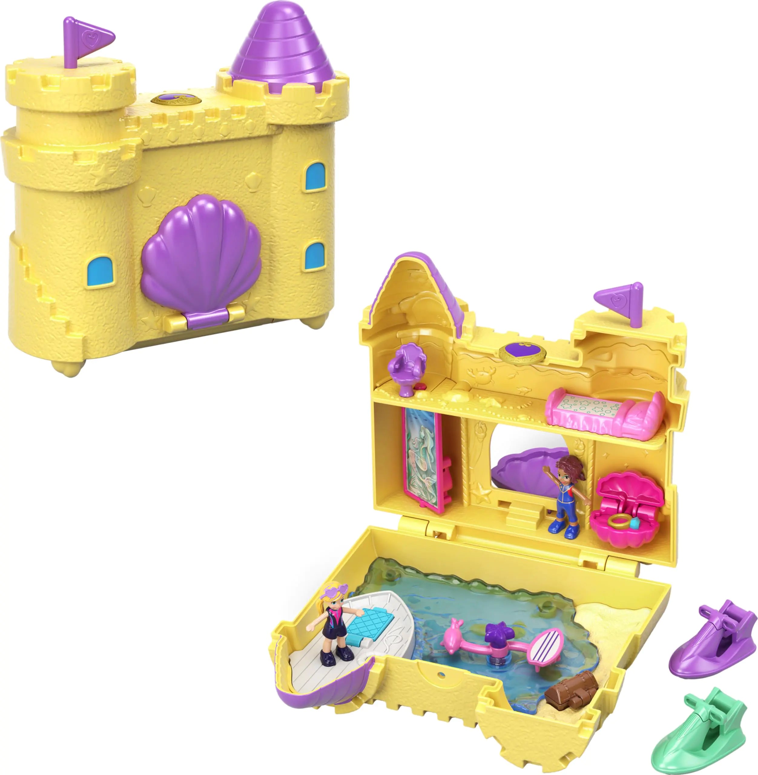 Polly Pocket Travel Toy with 2 Micro Dolls Dolphin Pet & Water Play Accessories Pocket World Surf ‘n’ Sandventure Playset