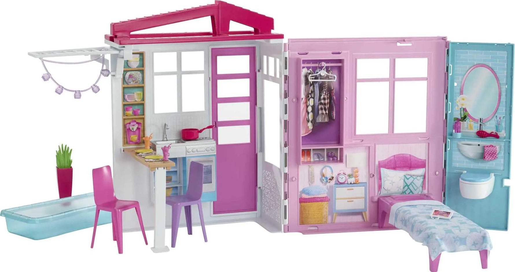 Barbie Doll House Playset with Toy Furniture & Accessories Portable with Carrying Handle 2 Feet Wide with Fold-Out Bed & Pool