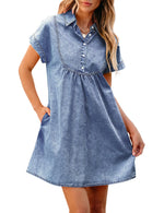luvamia Womens Fashion Denim Dresses for Women 2024 Casual Short Jean Dress Short Sleeve Denim Dress for Women Blue Dresses for Women Short Dresses Bay Blue Size X-Large Fits Size 16 / Size 18