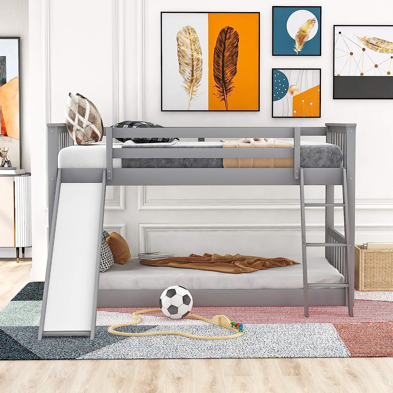 Grey Twin Bunk Bed With Slide Solid Pine Construction