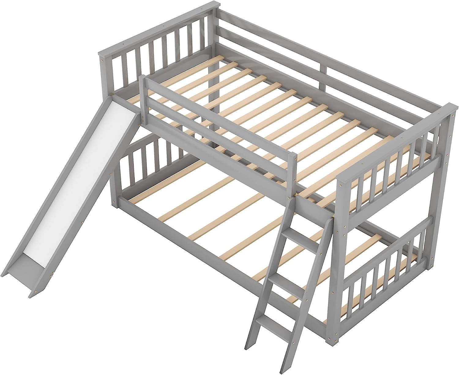 Grey Twin Bunk Bed With Slide Solid Pine Construction