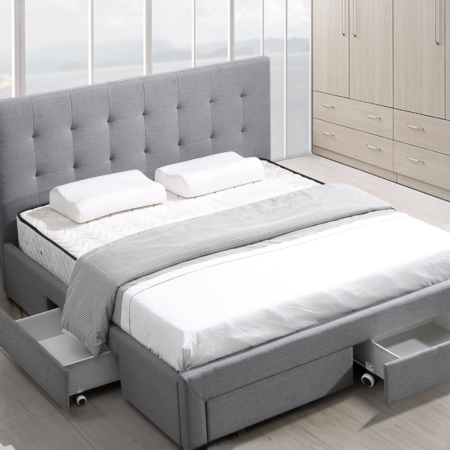 Levede Bed Frame Double King Fabric With Drawers Storage Wooden