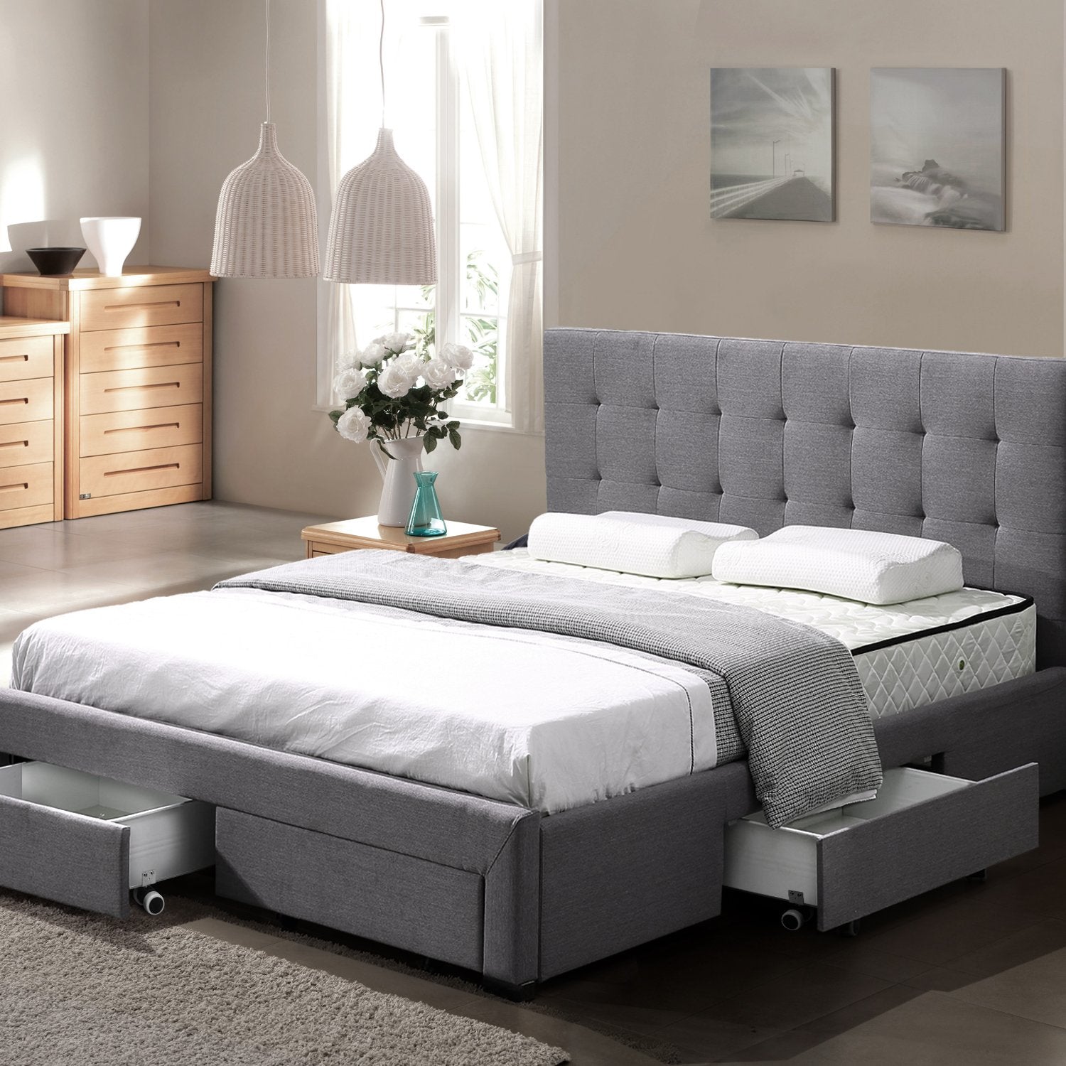 Levede Bed Frame Double King Fabric With Drawers Storage Wooden