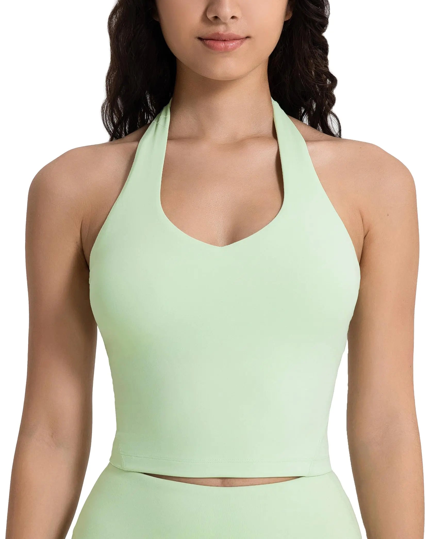 icyzone Halter Sports Bra for Women Padded Workout Yoga V Neck Crop Tank Tops (Pastel Green S)