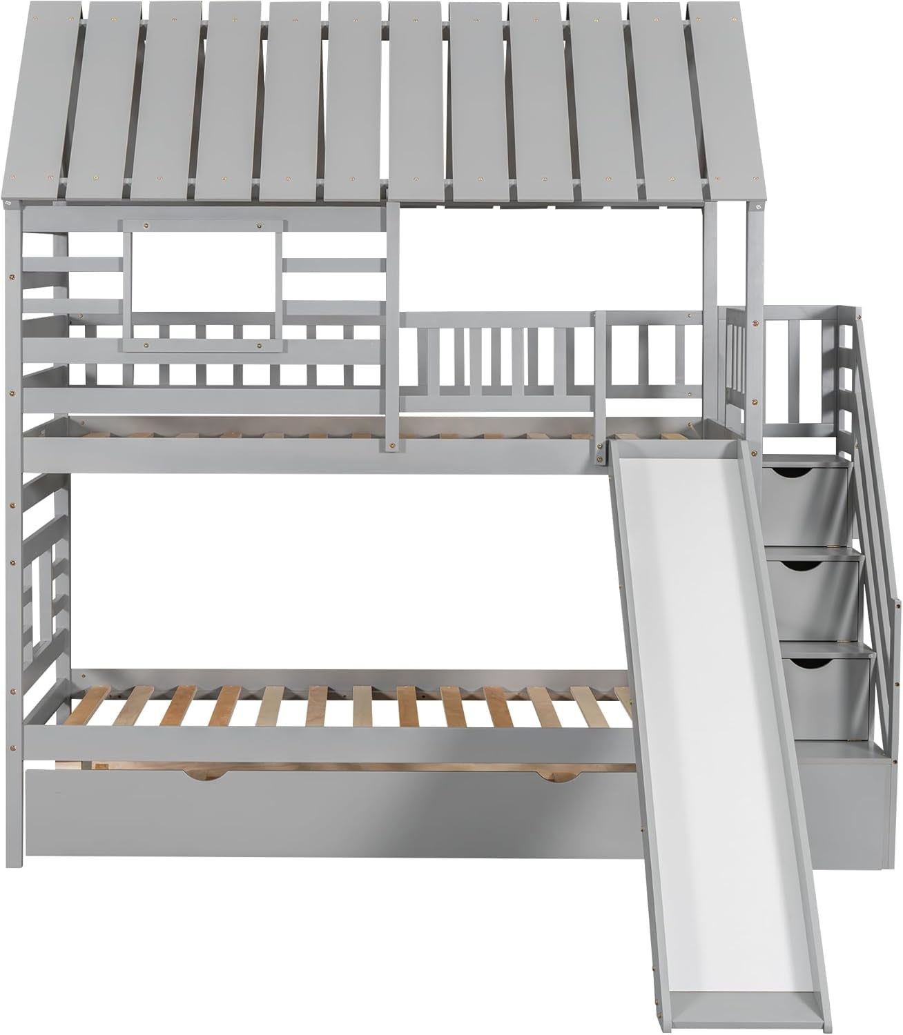 Twin Over Twin Bunk Bed With Slide For Kids Room Decor