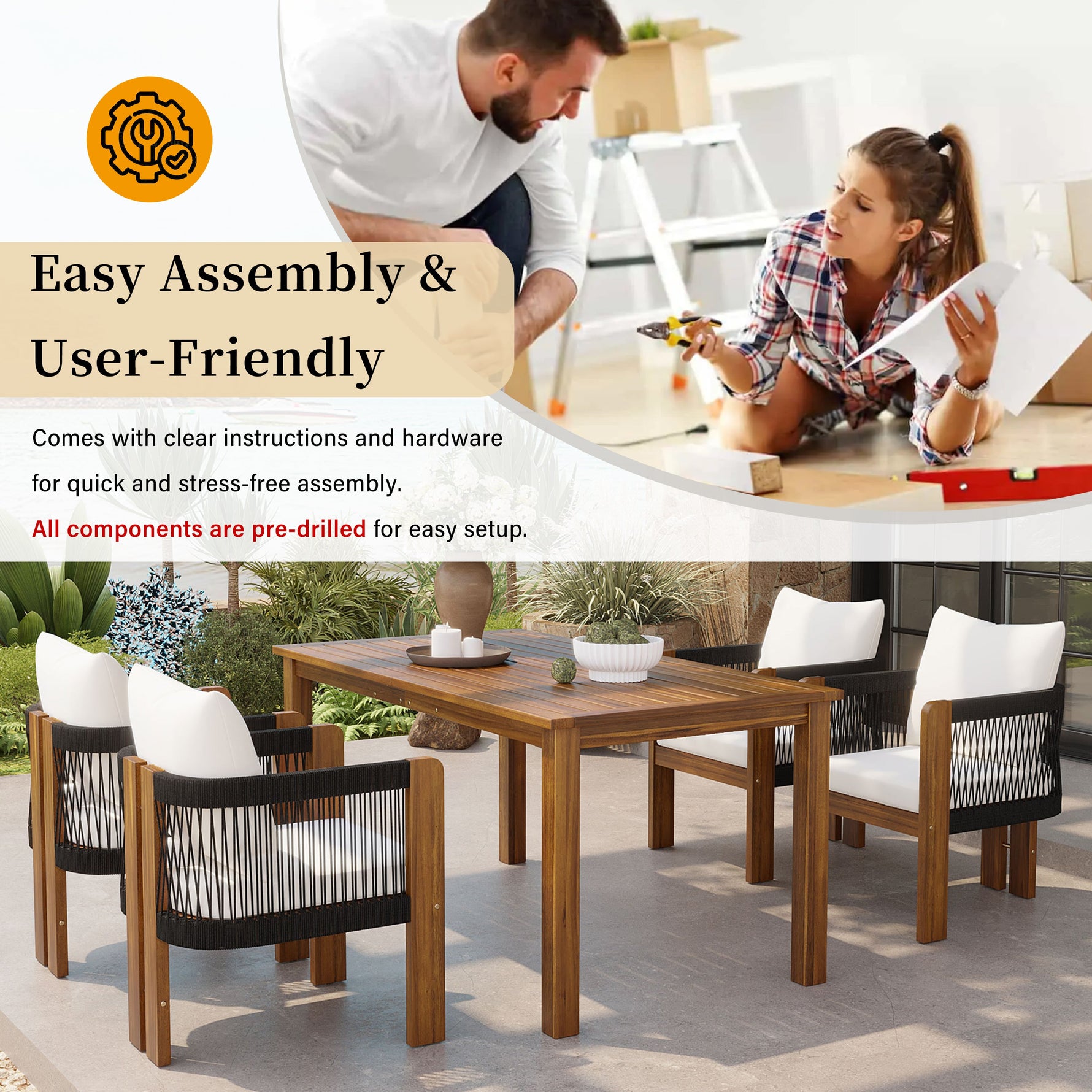 Luxury 5-Piece Outdoor Patio Dining Set for 4, Solid Acacia Wood