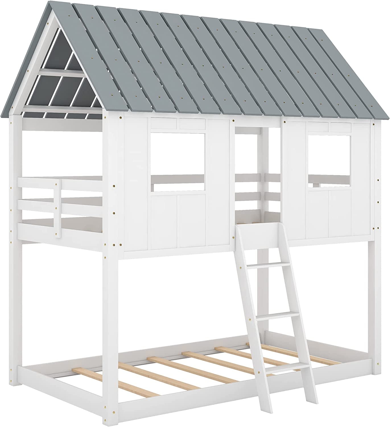 Twin House Bunk Bed With Playhouse White And Gray Finish