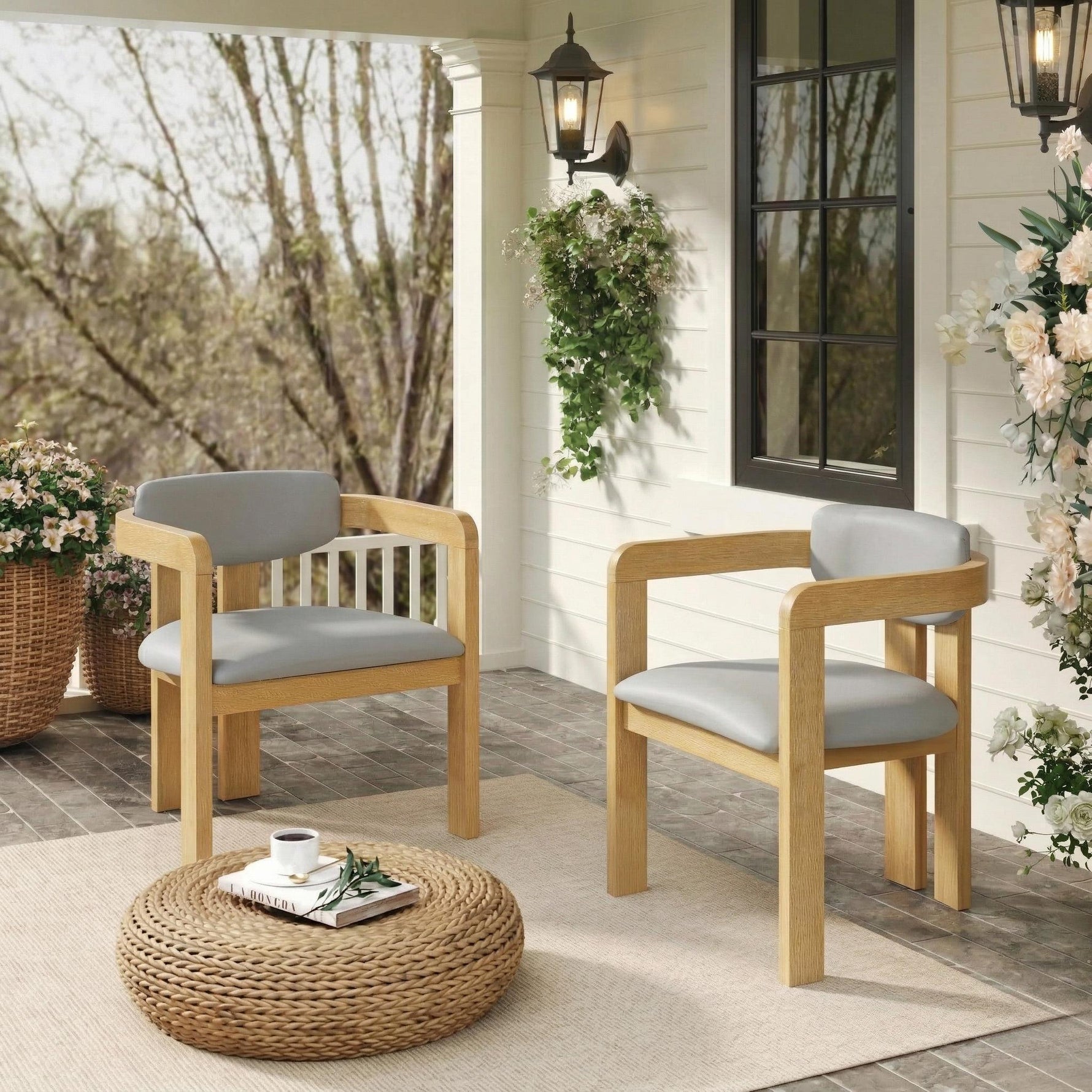 Set of 2 Outdoor Acacia Wood Dining Chairs with Cushions, Modern Solid