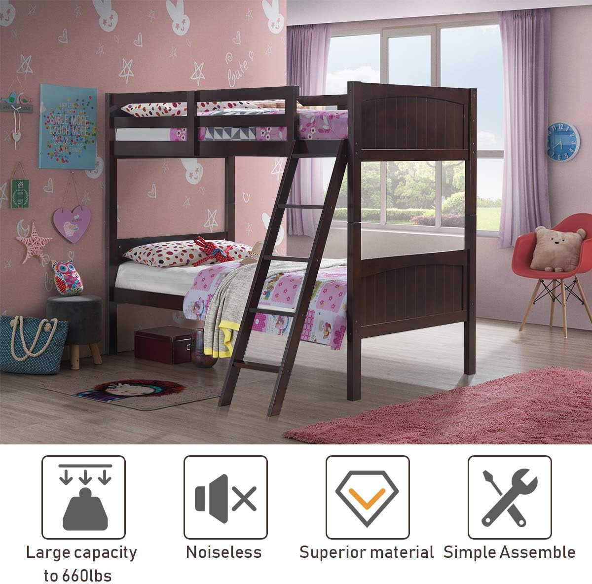 Twin Over Twin Bunk Bed Espresso With Safety Rails