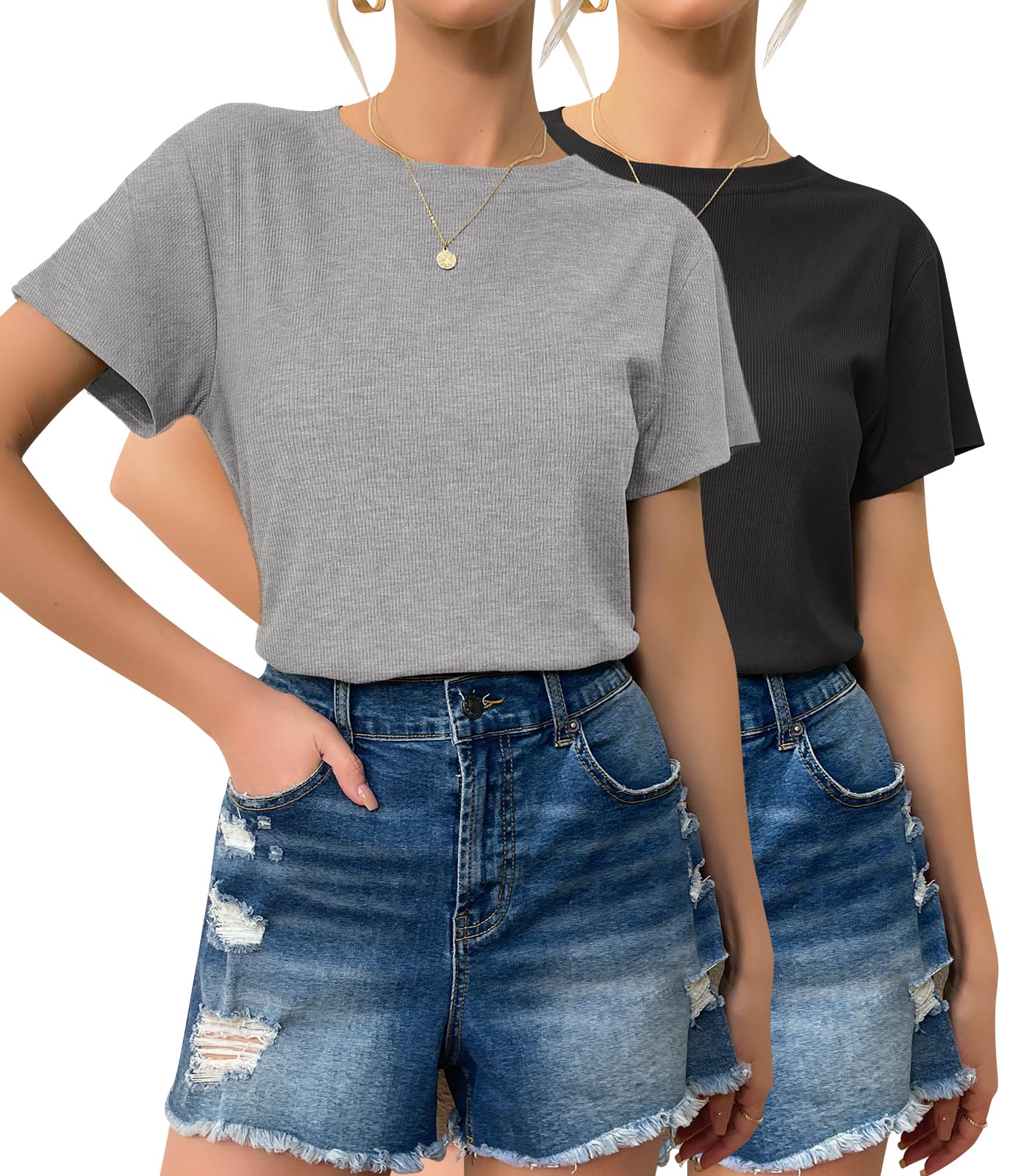 Degkim Summer High Neck Short Sleeve Shirts for Women Going Out Tops Ribbed Casual Trendy Tops 2 Pack Black/Grey L