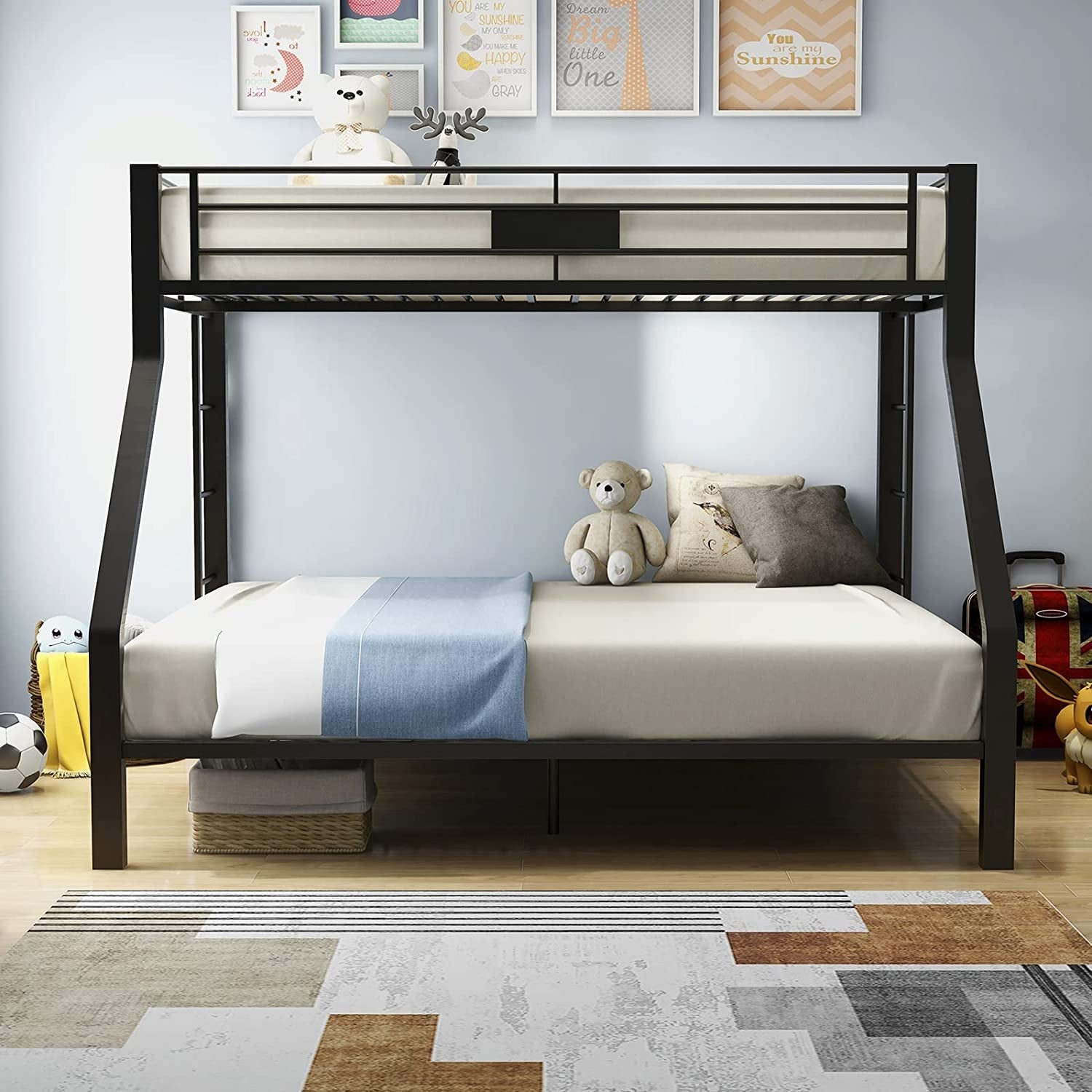 Twin XL Queen Bunk Bed In Sandy Black Finish Metal Slats