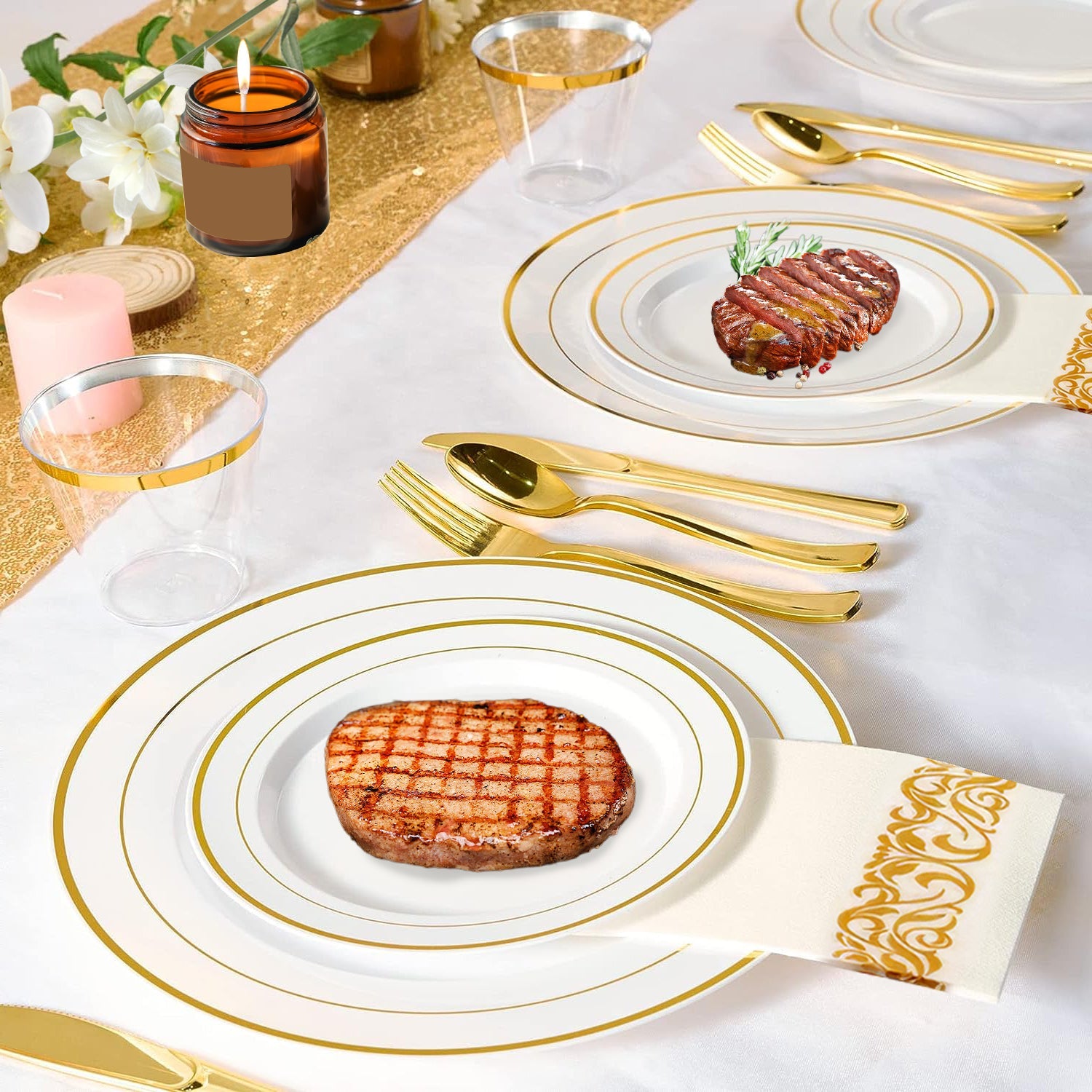 Set Of 175Pcs Disposable Gold Dinnerware Set Gold Rim Plastic Plates