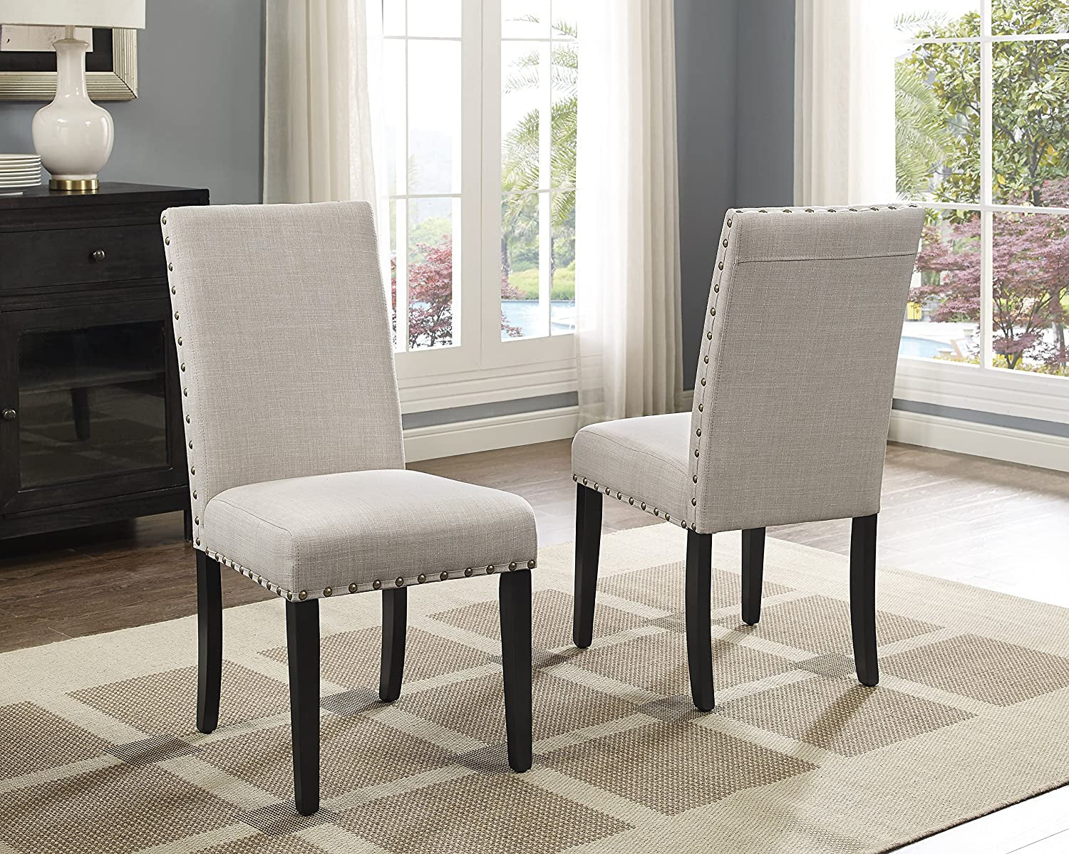 Tan Fabric Nailhead Dining Set 5 Piece Round Table