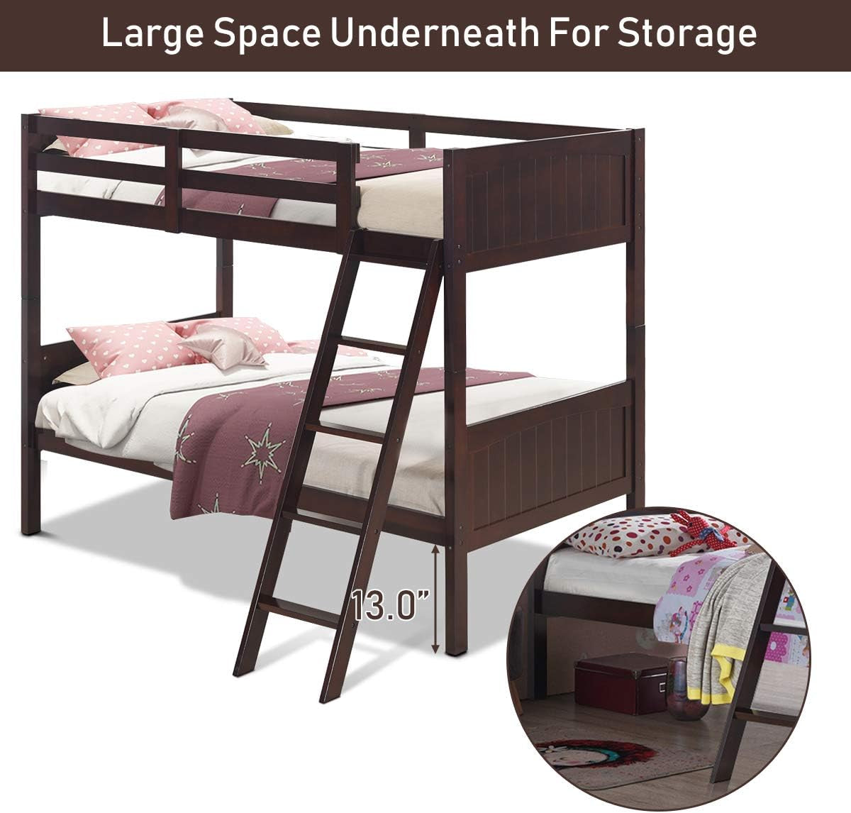 Twin Over Twin Bunk Bed Espresso With Safety Rails