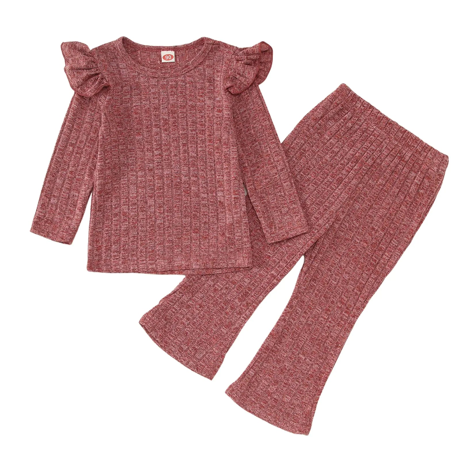 GLIGLITTR Toddler Baby Girls Clothes Set Ruffle Knit Ribbed Long Sleeve T-Shirts Tops+Pants 2Pcs Outfits Fall Winter Clothes(5-6TDark pink)