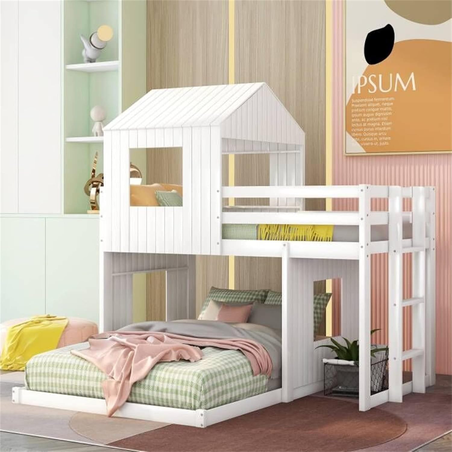 White Twin Over Full Low Profile Playhouse Bunk Bed