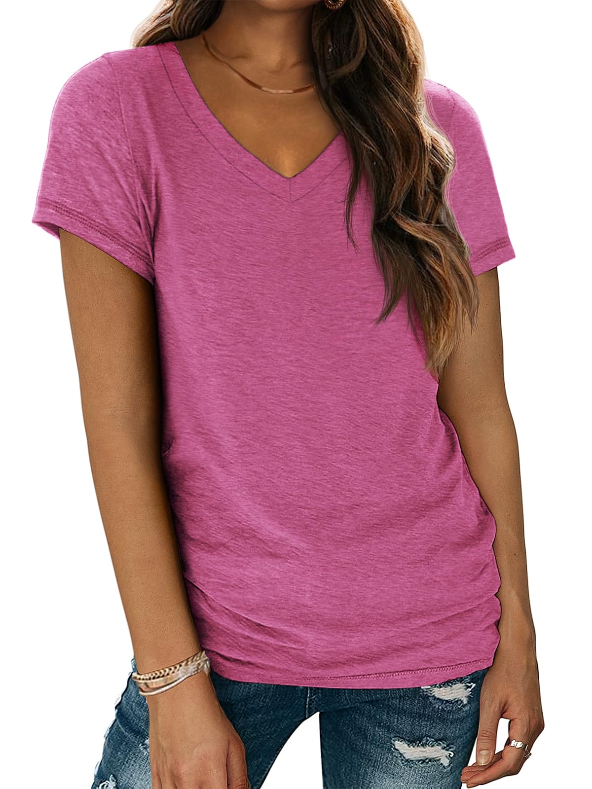 ATHMILE T Shirts Short Sleeve V Neck Tees for Women Fashion Tops Trendy Soft Casual Summer Clothes Outfits 2025 Hotpink