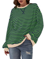 WROLEM Women Striped Oversized Sweatshirts Long Sleeve Crewneck Pullover Tops Color Block Tunics Trendy Preppy Clothes Green-Blue