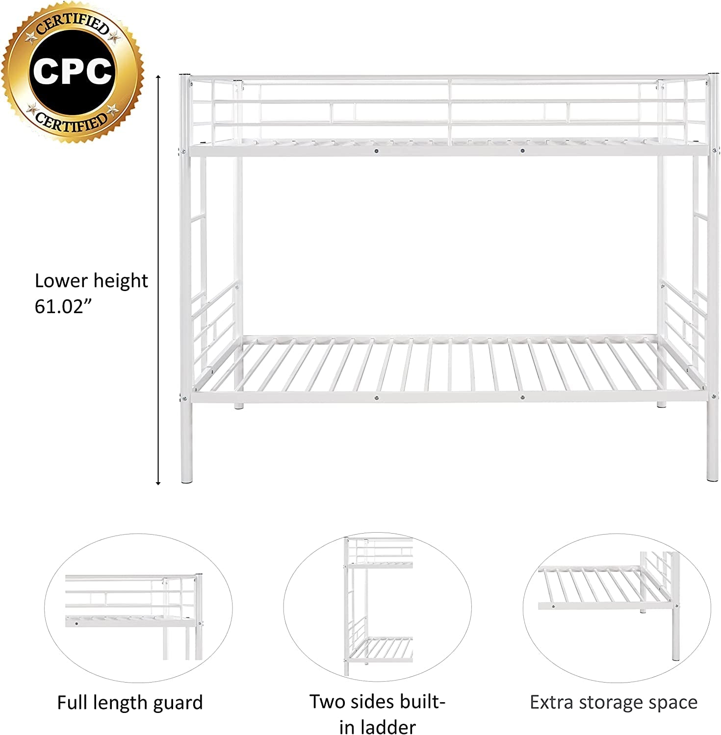 Twin Over Twin Metal Bunk Bed With 2 Ladders White
